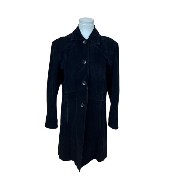 Xoxo Womens Black Leather & Suede Coat Button-Up Longline Jacket Size L - Picture 1 of 7